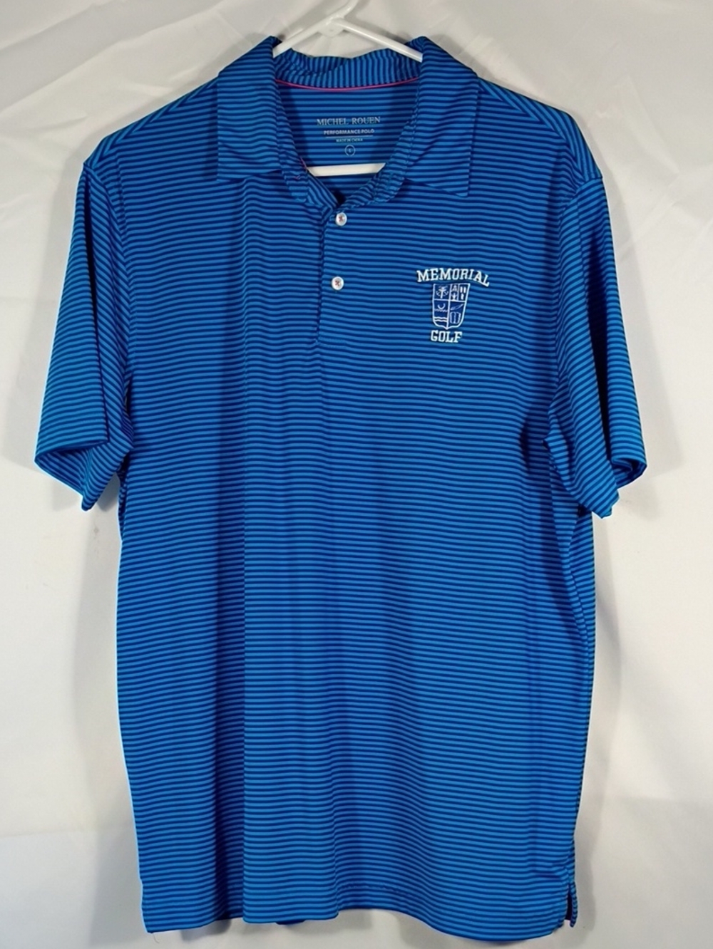 EUC MICHEL ROUEN Blue Striped Performance Polo Shirt Memorial Golf Logo Size Lg